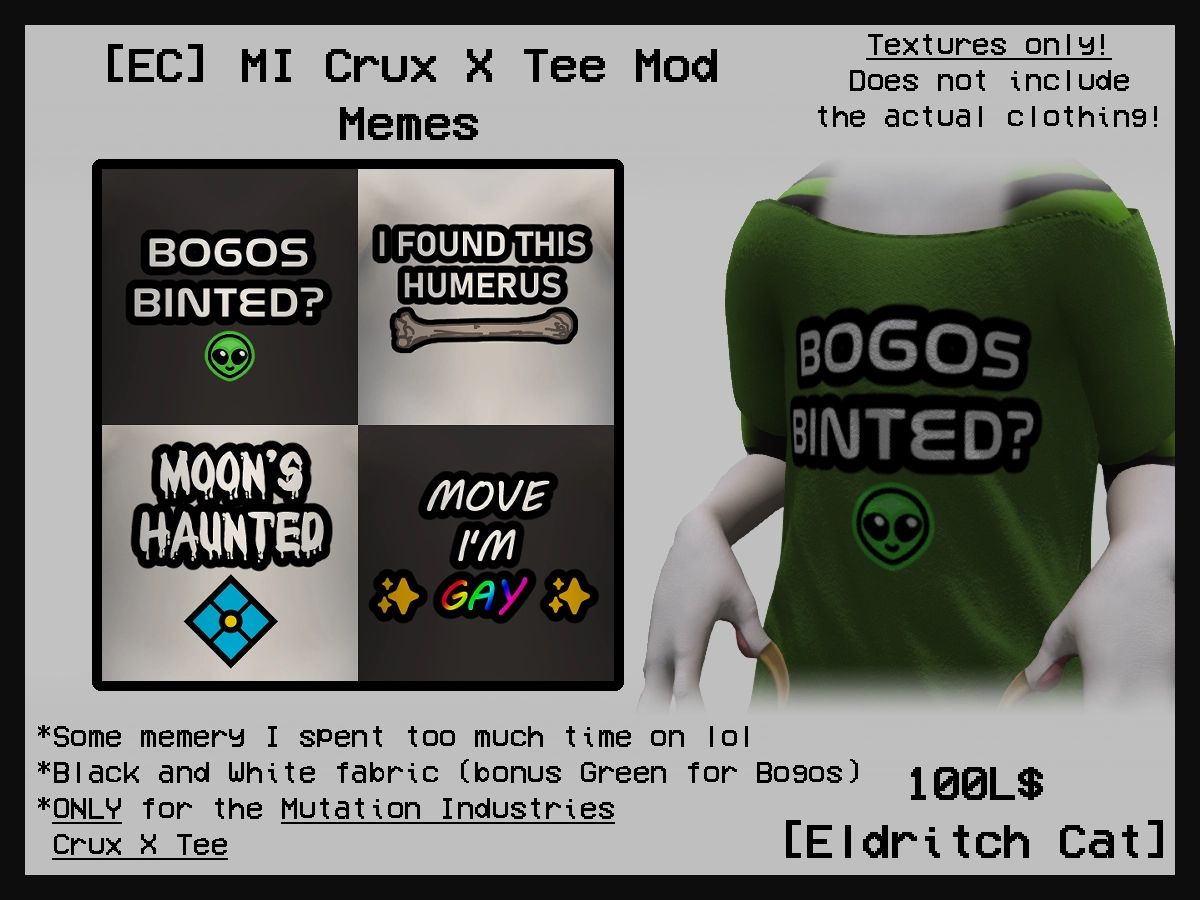 Poster for the "Memes" fatpack, including "Bogos Binted", "I found this humerus", "Moon's haunted", and "Move I'm gay"